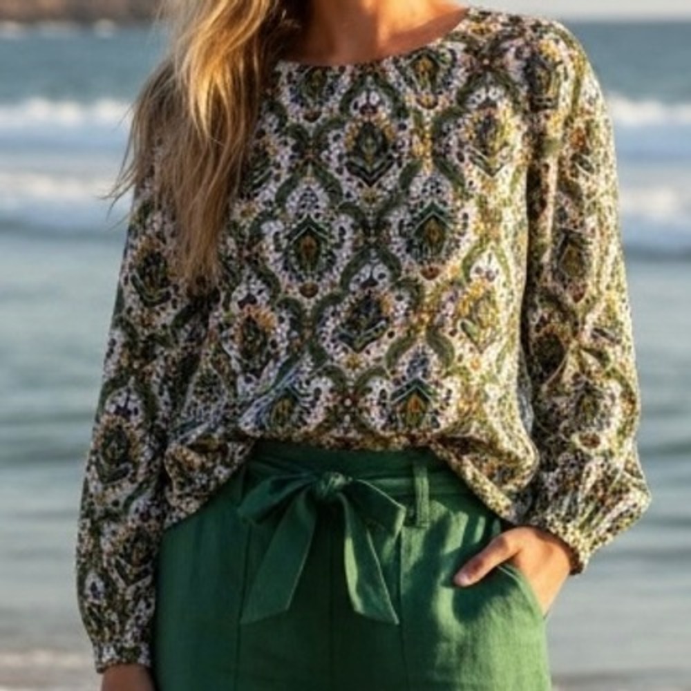 Talbots Womens Blouse Top Sz S Green Paisley Damask Metallic Stripe Long Sleeve
